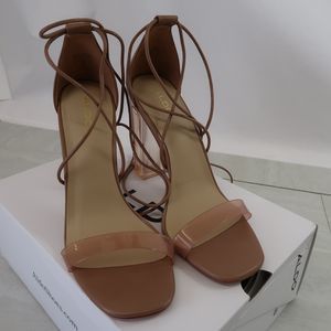 ALDO Onardonia Pink Leather PVC Open Toe Ankle Wrap High Heels Women’s Size 9